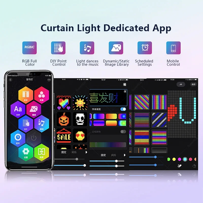 Inteligentna kurtyna świetlna LED 400 diod, sterowanie Bluetooth i pilotem, dekoracja pokoju z efektami muzycznymi i tekstem DIY