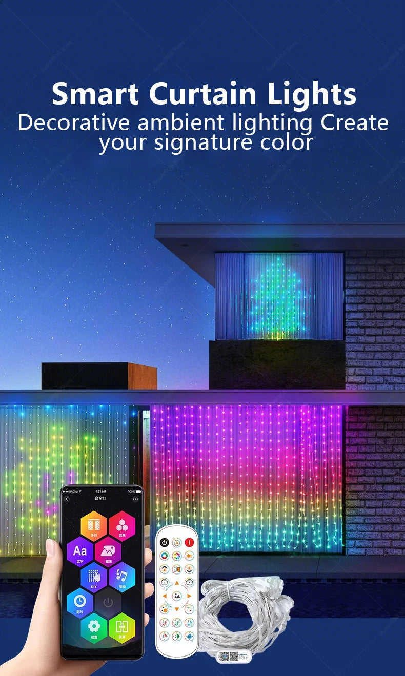 Inteligentna kurtyna świetlna LED 400 diod, sterowanie Bluetooth i pilotem, dekoracja pokoju z efektami muzycznymi i tekstem DIY