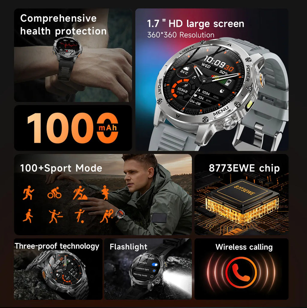 Smartwatch Wojskowy 2025 - 10ATM, Latarka, Połączenia