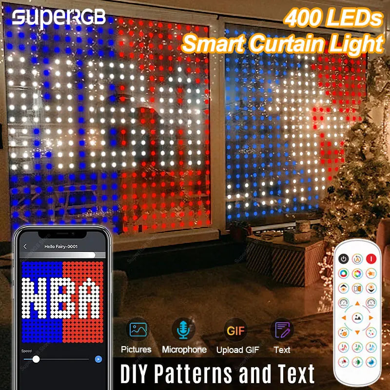 Inteligentna kurtyna świetlna LED 400 diod, sterowanie Bluetooth i pilotem, dekoracja pokoju z efektami muzycznymi i tekstem DIY