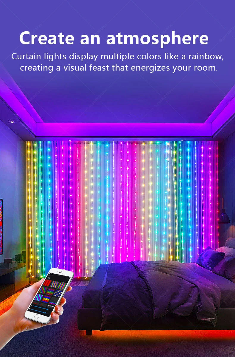 Inteligentna kurtyna świetlna LED 400 diod, sterowanie Bluetooth i pilotem, dekoracja pokoju z efektami muzycznymi i tekstem DIY