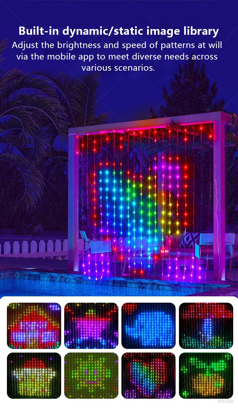 Inteligentna kurtyna świetlna LED 400 diod, sterowanie Bluetooth i pilotem, dekoracja pokoju z efektami muzycznymi i tekstem DIY