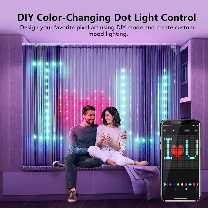 Inteligentna kurtyna świetlna LED 400 diod, sterowanie Bluetooth i pilotem, dekoracja pokoju z efektami muzycznymi i tekstem DIY