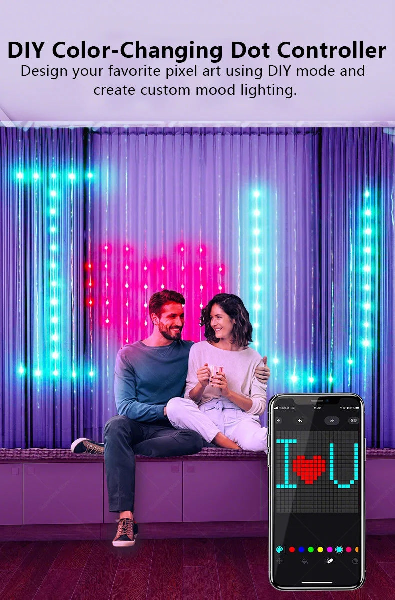 Inteligentna kurtyna świetlna LED 400 diod, sterowanie Bluetooth i pilotem, dekoracja pokoju z efektami muzycznymi i tekstem DIY