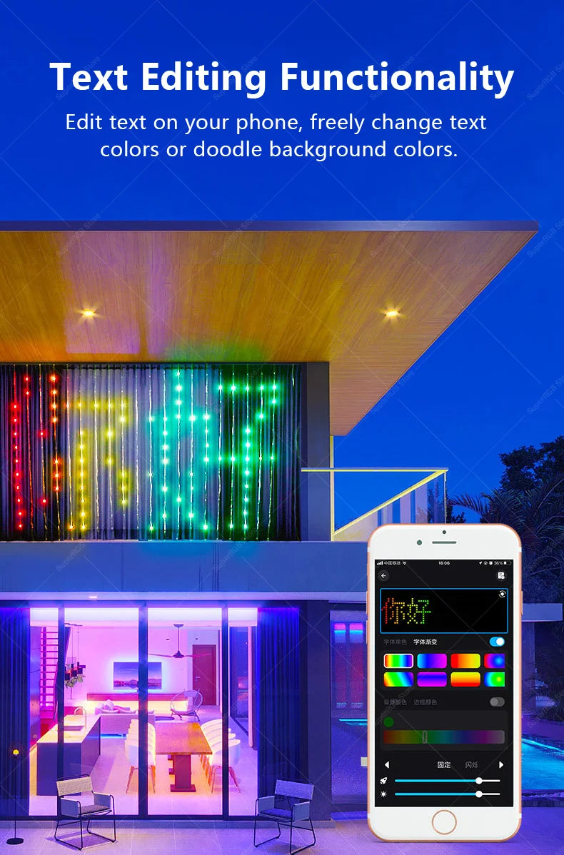 Inteligentna kurtyna świetlna LED 400 diod, sterowanie Bluetooth i pilotem, dekoracja pokoju z efektami muzycznymi i tekstem DIY