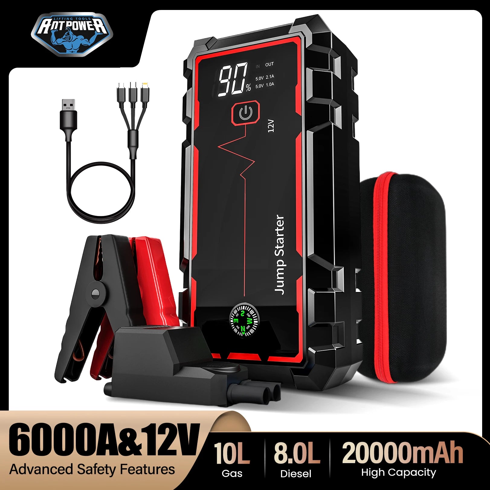 AntPower 20000mAh 12V Starter Samochodowy - Przenośna Ładowarka do Akumulatorów Benzynowych i Diesla